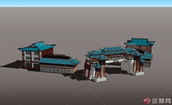 中国古典中式风格城门及商业建筑设计su模型[原创