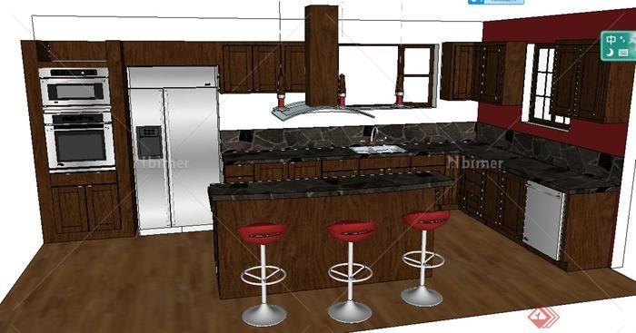 中式风格红木厨房场景室内设计su模型