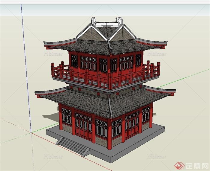 唐代古建阁楼建筑设计su模型[原创]