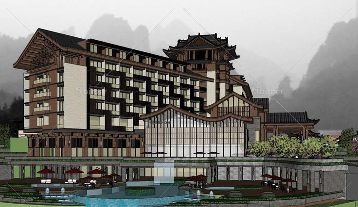 现代中式汉唐风格古朴商业街建筑sketchup模型(1