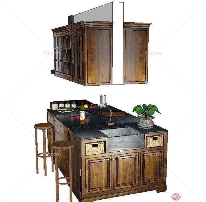 室内木质厨房橱柜设计SU模型[原创]