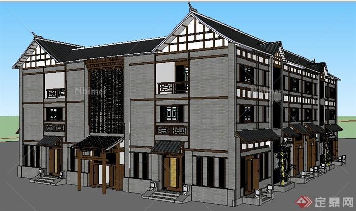 中式风格四合院状三层住宅建筑设计su模型