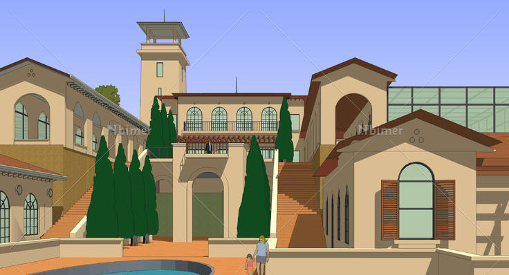 西班牙风格临水旅游旅馆建筑群sketchup模型