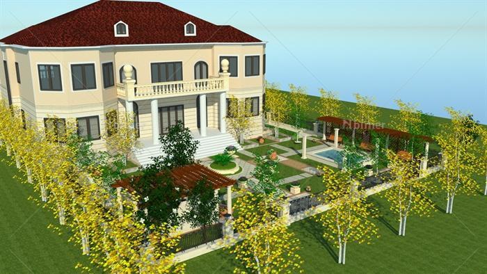 欧式风格别墅住宅建筑及庭院景观su模型（含效果