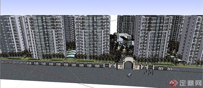 现代某高层住宅小区景观与建筑规划设计SU模型[原