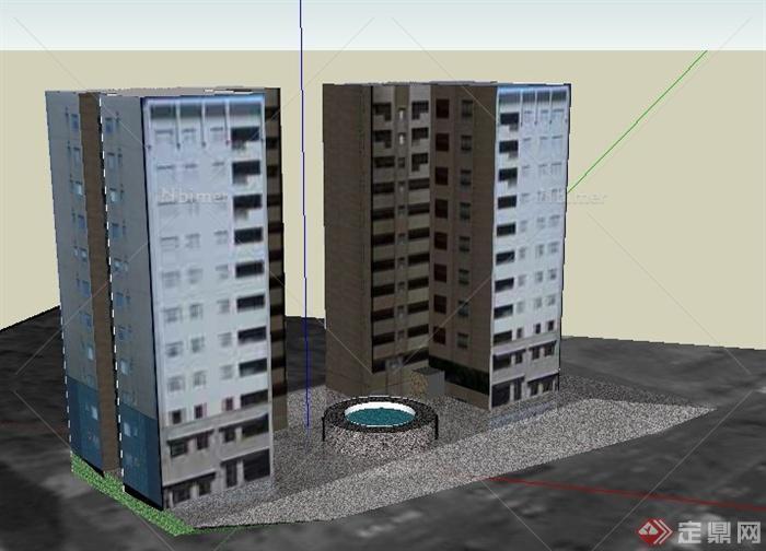 现代两栋对称住宅楼建筑设计su模型