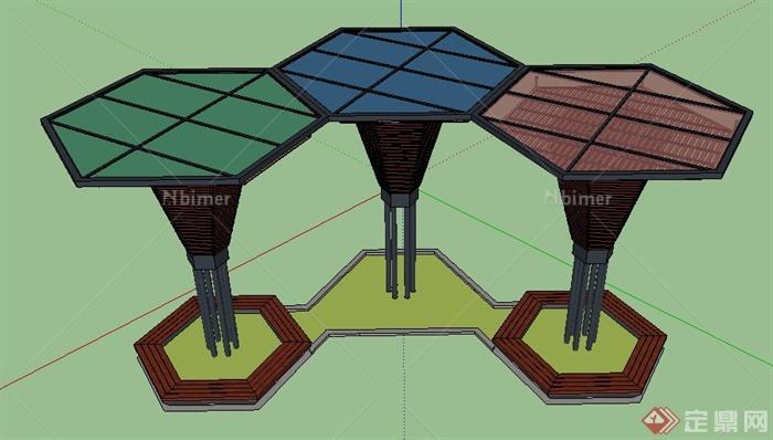 现代六边形组合景观亭设计su模型