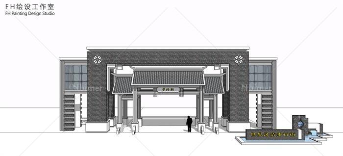 新中式风格商业街大门设计su模型[原创]