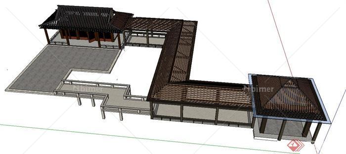 现代中式风格凉亭及长廊、园桥组合su模型