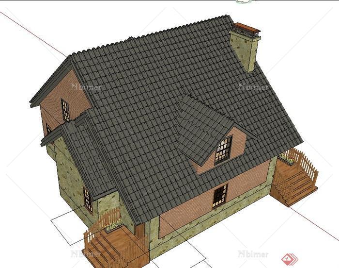 中式两层坡屋顶住宅建筑设计SU模型[原创]
