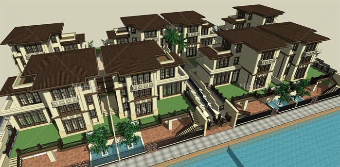 某简欧式别墅组团建筑设计方案SU模型（附CAD平面