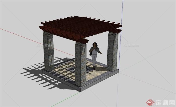 某矩形木顶石柱廊架SU模型