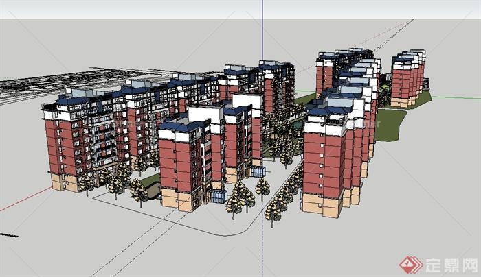 欧式风格住宅小区中心景观及住宅建筑设计su模型