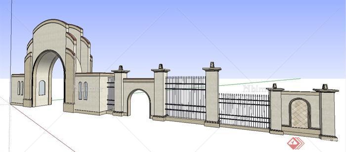 现代风格拱形大门及围墙su模型