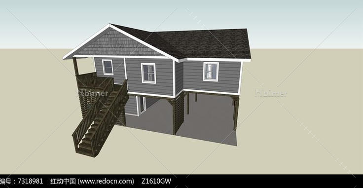 欧式海滨小木屋建筑SU模型