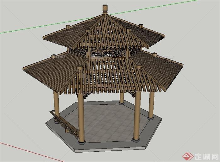 园林景观节点木质六角重檐亭设计SU模型