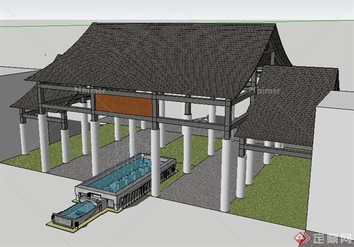 中式风格大门及喷泉水池su模型[原创]