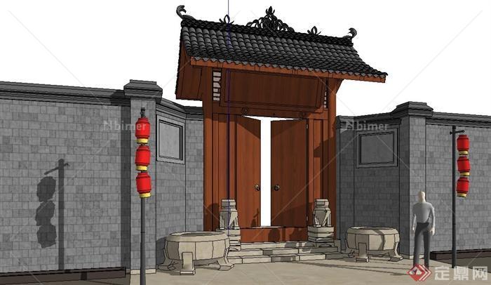 某新中式大门设计su模型（含围墙、狮子雕塑）[原