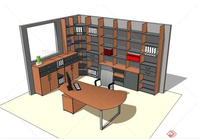 某现代办公室桌椅、书柜、储物柜设计su模型[原创