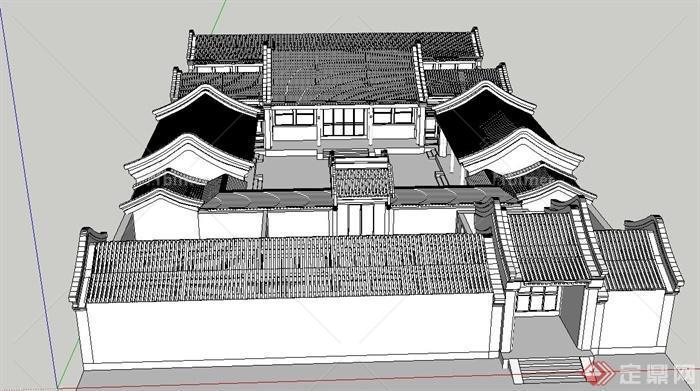 古典中式单层四合院建筑设计SU模型