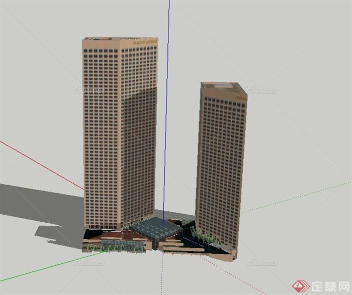 现代两栋高层办公建筑设计SU模型