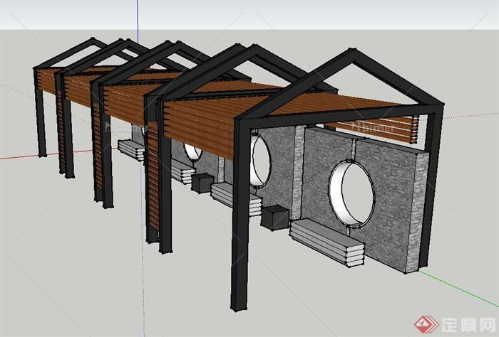 园林景观中式廊架与景墙组合设计SU模型
