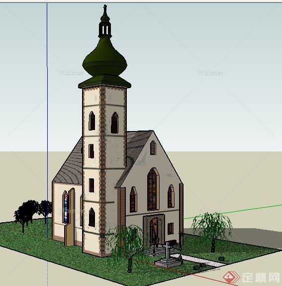 一栋欧式风格文化教堂建筑设计su模型
