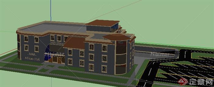 某现代风格带停车场办公建筑设计su模型