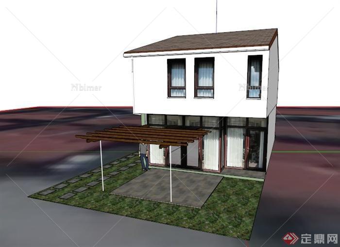 现代乡村两层带廊架住宅建筑设计SU模型