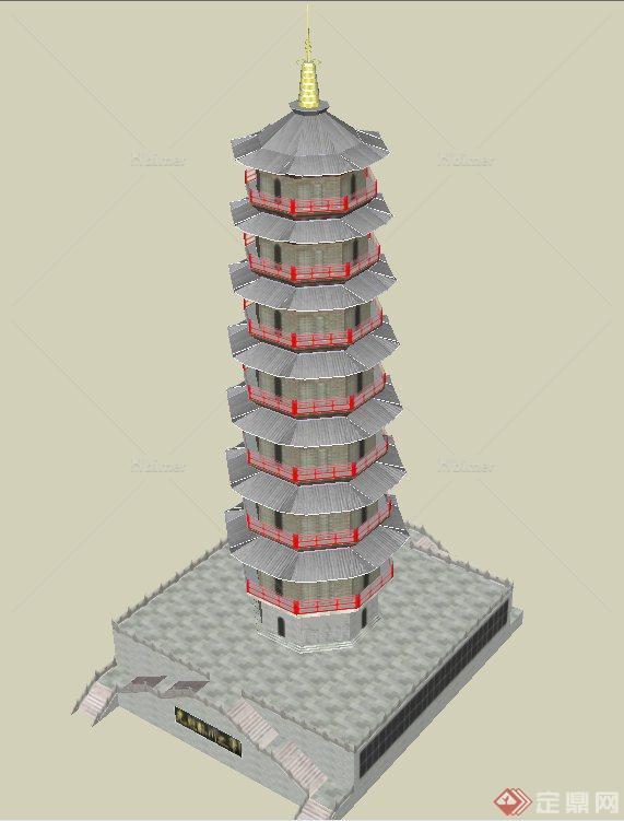 某古典中式寺庙七层塔楼建筑设计SU模型