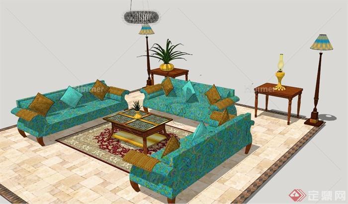 东南亚风格沙发茶几组合家具su模型