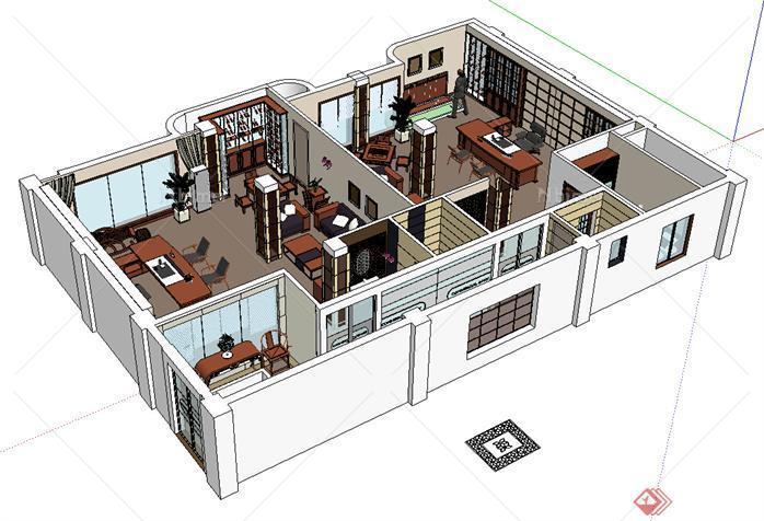 新中式办公空间装潢方案SU精致设计模型