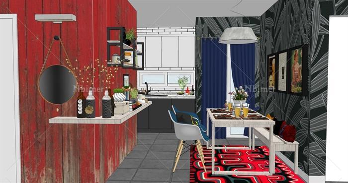 现代折中主义住宅厨房及餐厅室内设计su模型[原创