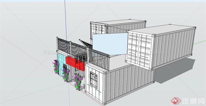 某精致现代风格集装箱式住宅建筑设计SU模型[原创