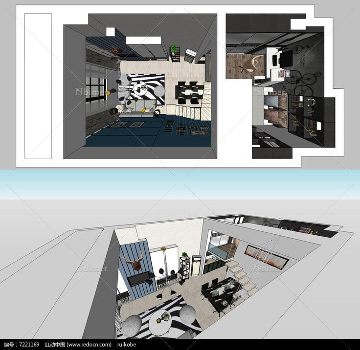 公寓隔层两层草图skp设计室内现代风格设计