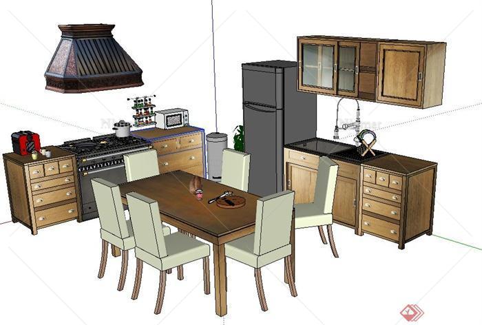 欧式风格木质厨房餐桌椅、橱柜设计SU模型[原创]