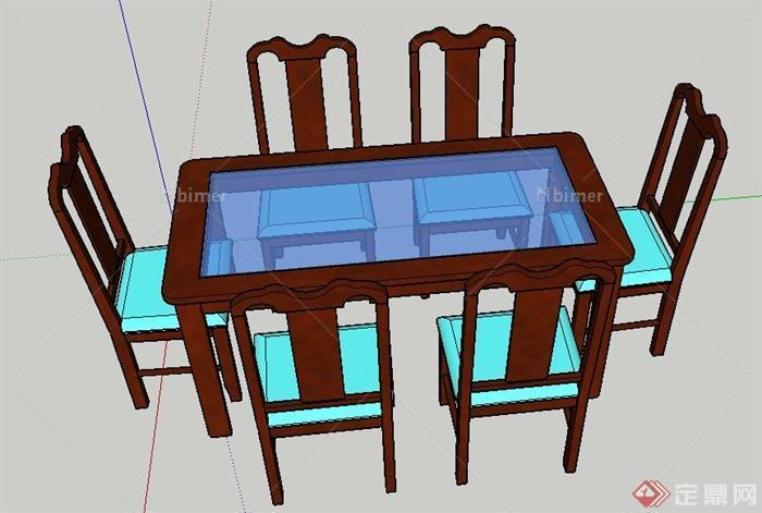 中式风格6人座木制餐桌椅su模型