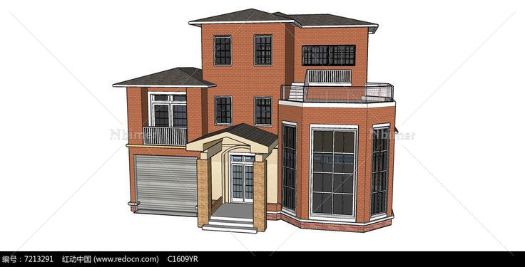 欧式橘色三层带车库别墅SU模型