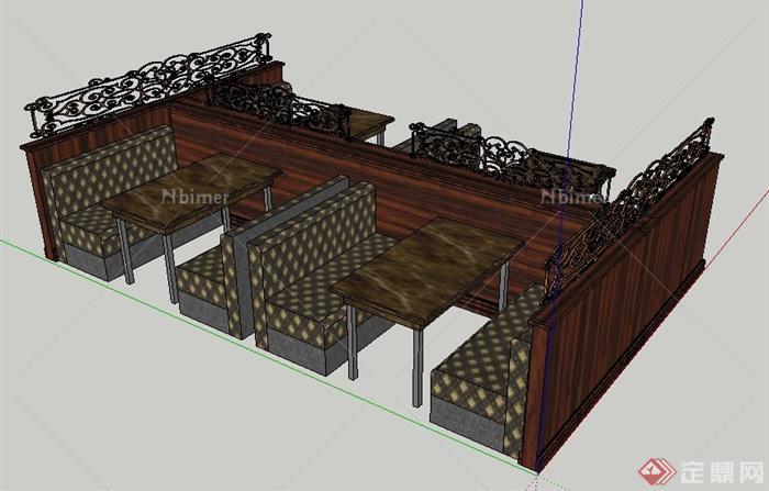 古典风格餐厅卡座沙发餐桌su模型