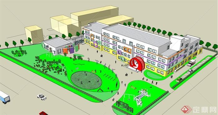 现代风格幼儿园整体建筑景观设计su模型[原创]