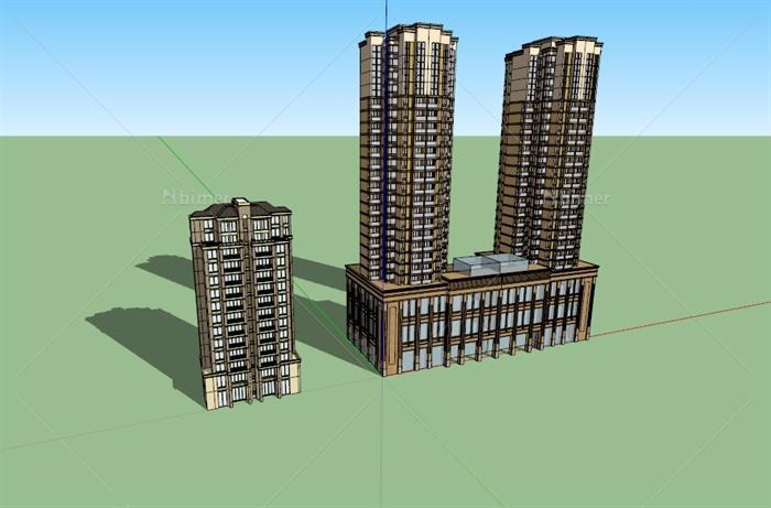 两栋现代风格高层商住楼建筑设计su模型[原创]