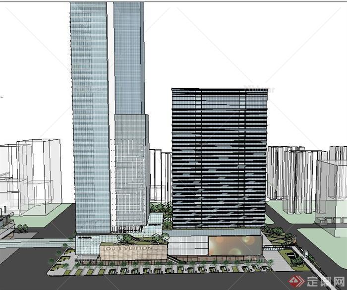 现代某高层两栋下沉式商业广场建筑设计SU模型[原