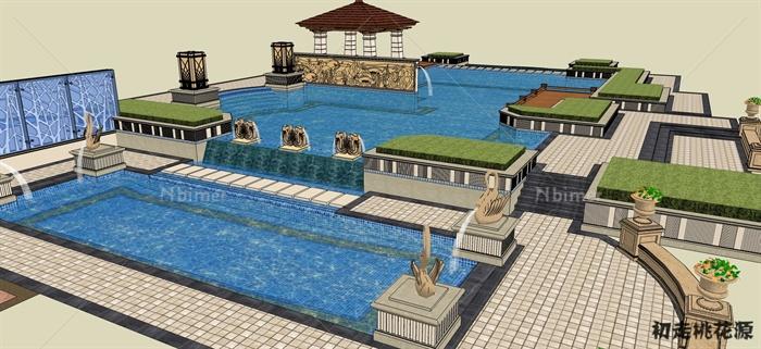 欧式风格露天泳池景观组合su模型[原创]