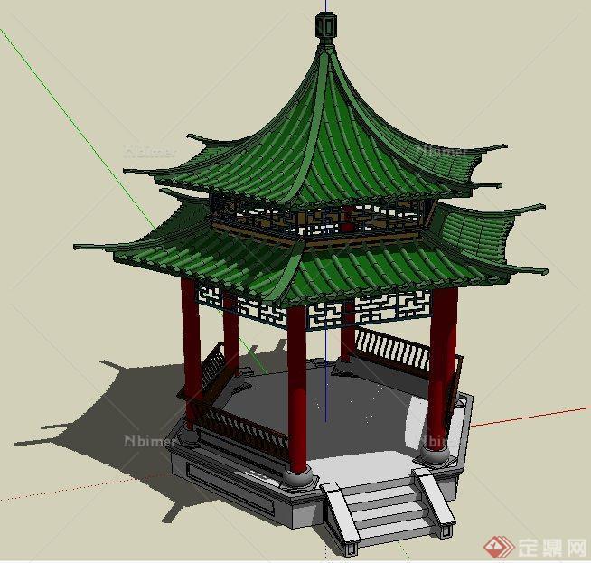 某中式风格重檐凉亭su模型