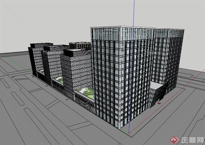 某现代风格独特详细的办公建筑楼群设计su模型[原