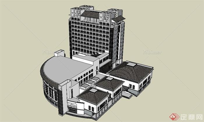 某现代中式风格大学校园图书馆建筑设计SU模型[原