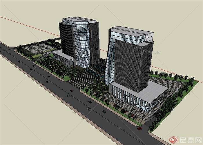 某现代风格高层街道旁边办公大楼设计SU模型[原创