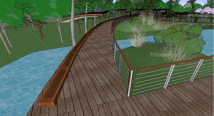 某生态湿地栈道廊架滨水景观设计SU模型（含效果