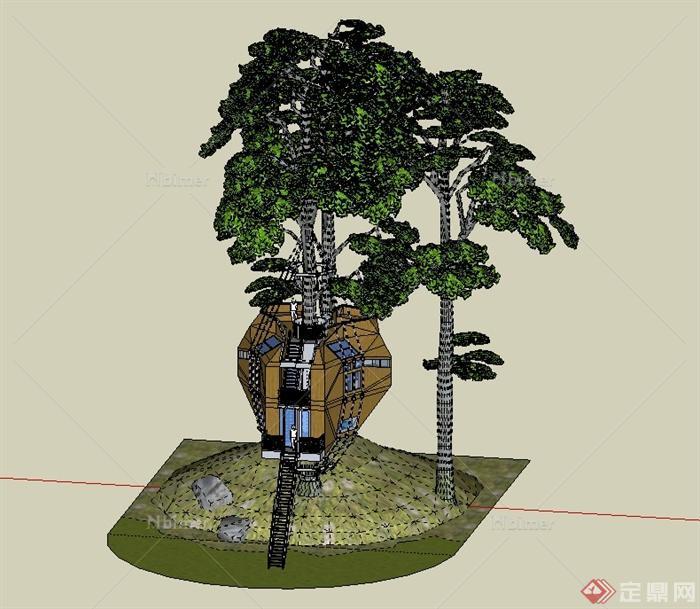 现代风格精致详细完整的树屋建筑设计su模型[原创