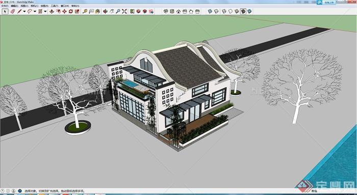 某新中式别墅建筑设计SU模型素材